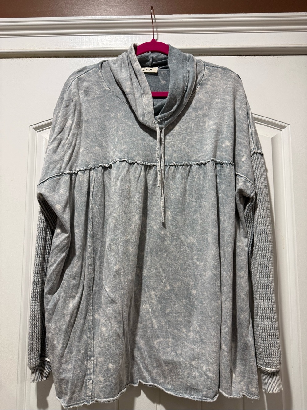Washed Light Gray/Blue Cowl-Neck Pullover Hoodie
